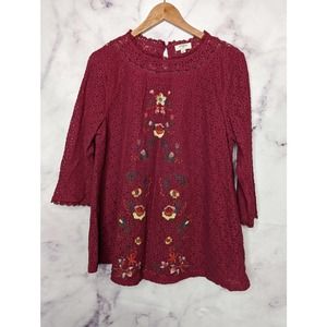 UMGEE lace floral embroidered 3/4 sleeve swing blouse L
